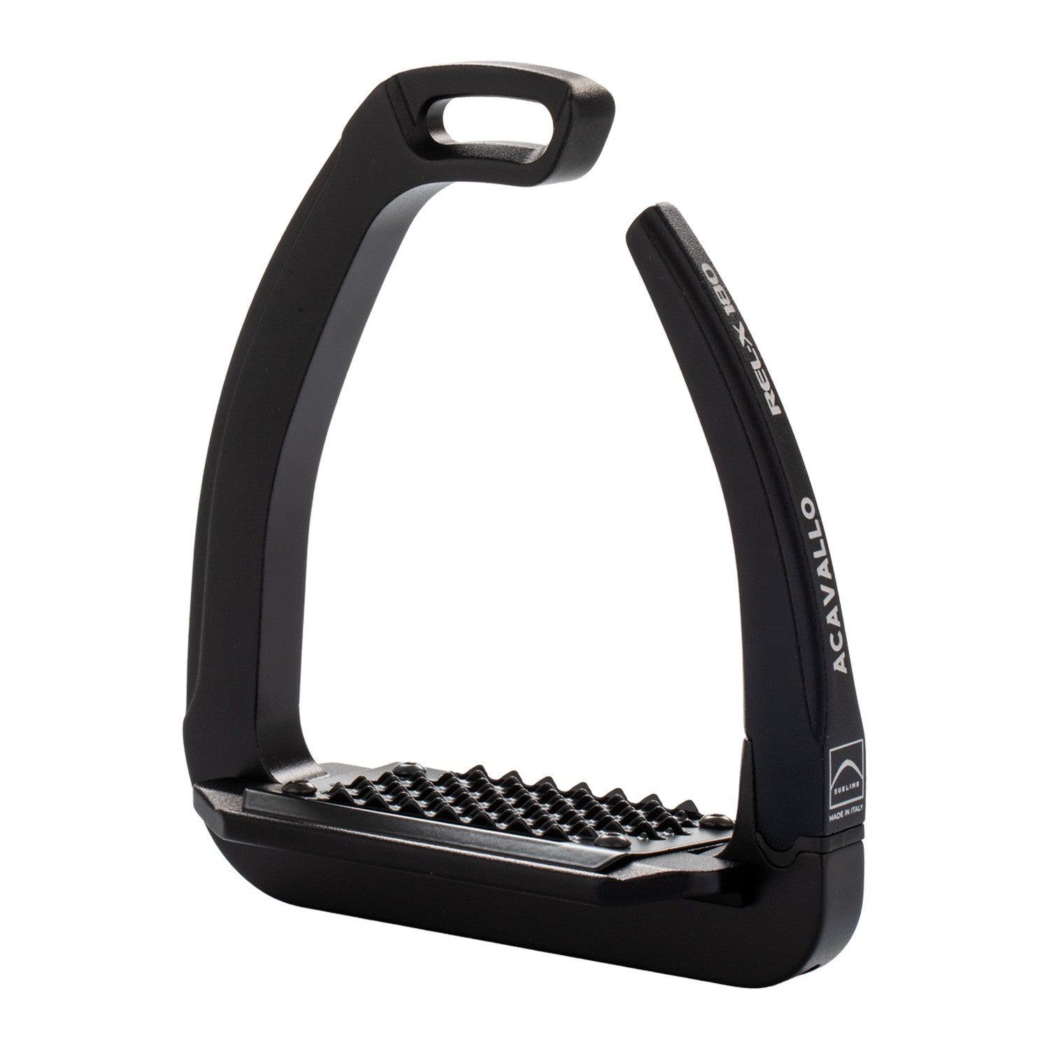 Angled view of the black Acavallo Rel-X 180 Stirrup on a white background