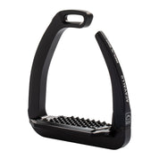 Angled view of the black Acavallo Rel-X 180 Stirrup on a white background
