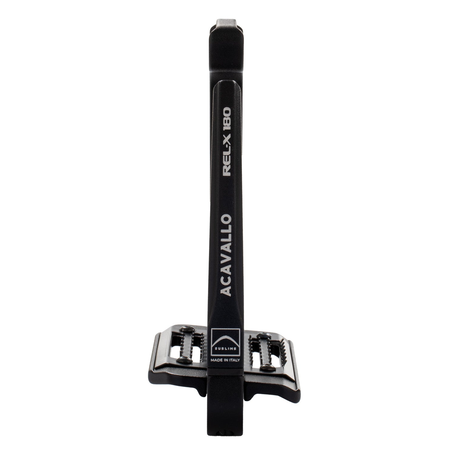 Side view of the black Acavallo Rel-X 180 Stirrup on a white background