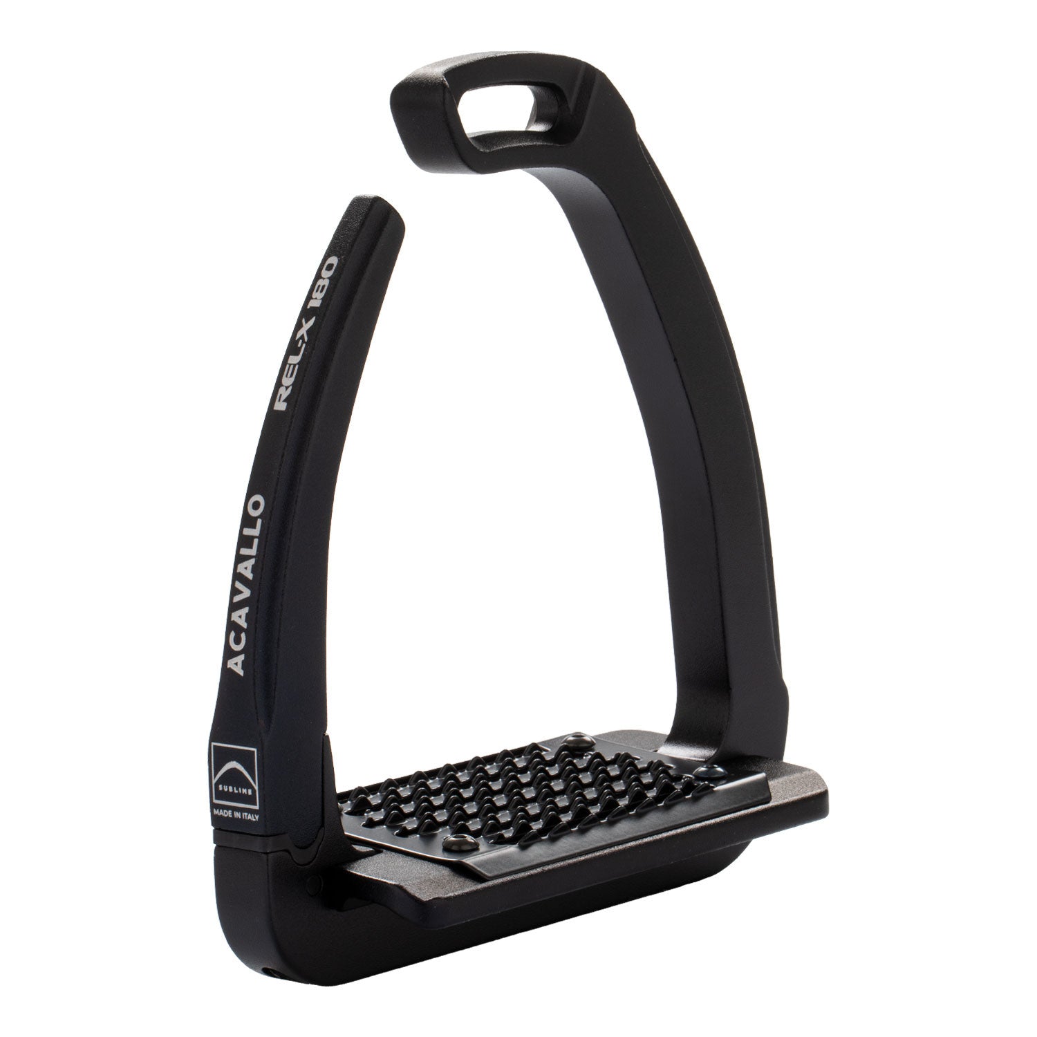 Angled view of the black Acavallo Rel-X 180 Stirrup on a white background