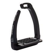 Angled view of the black Acavallo Rel-X 180 Stirrup on a white background