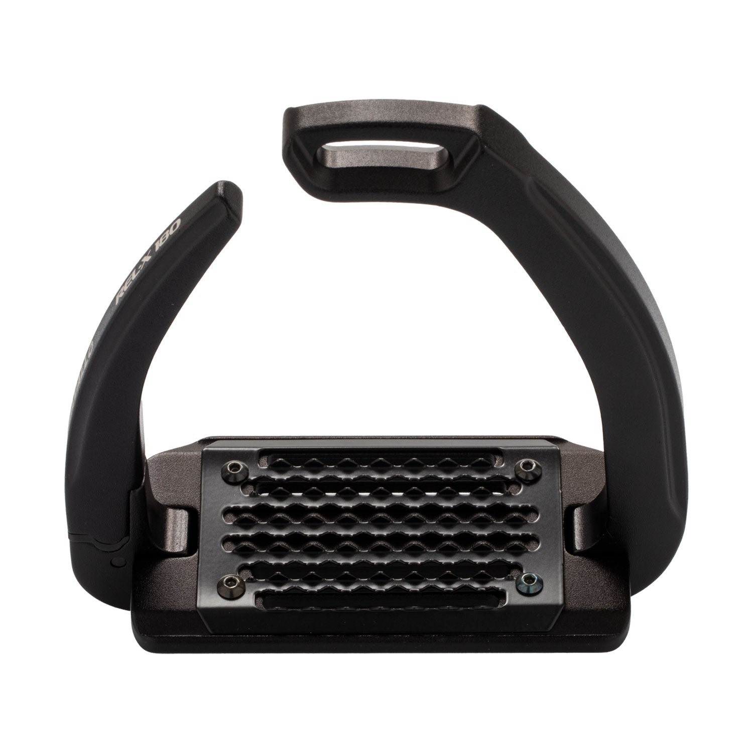 Top view of the black Acavallo Rel-X 180 Stirrup on a white background