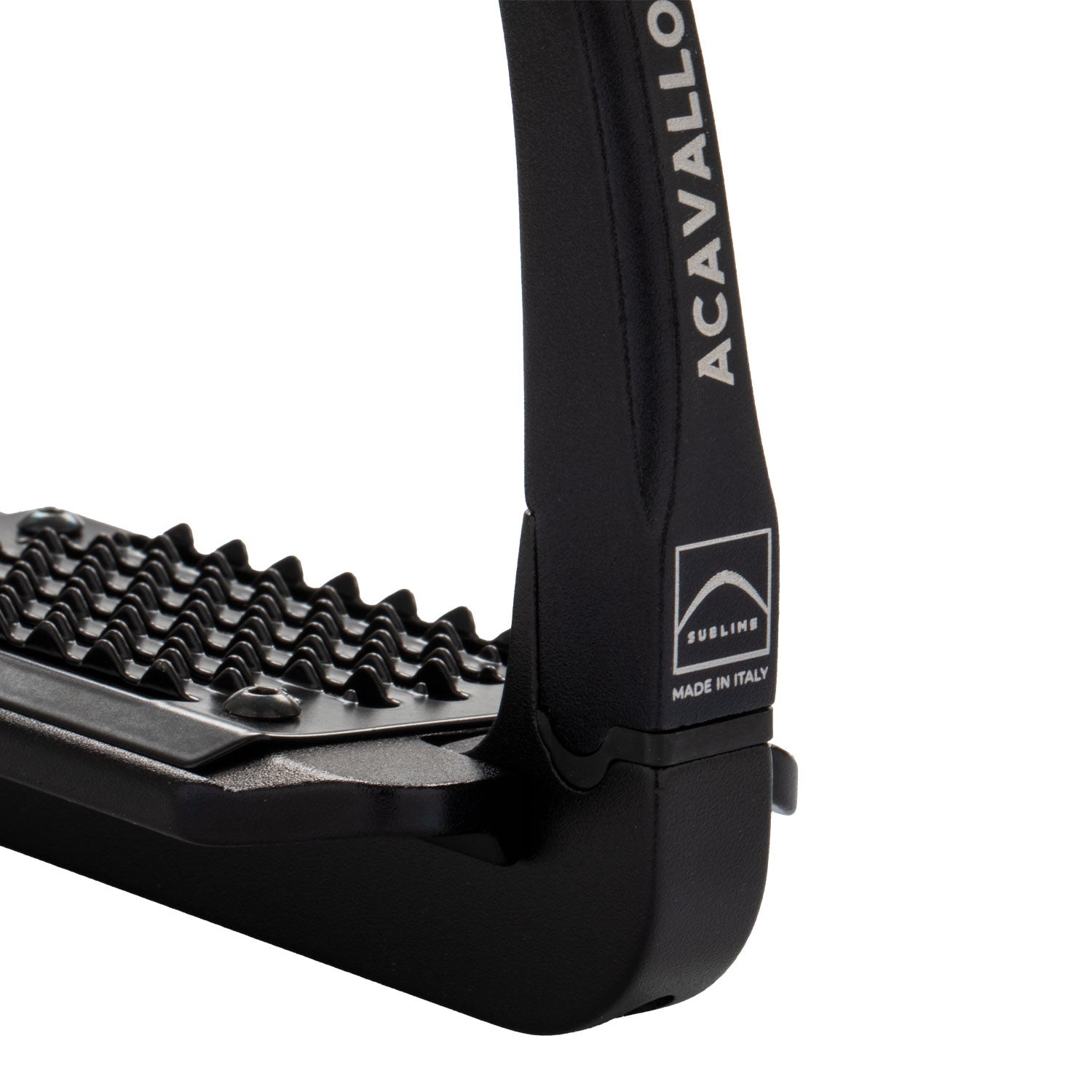 Close-up view of the black Acavallo Rel-X 180 Stirrup on a white background