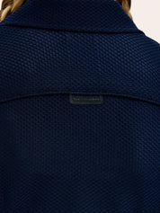 Close-up back view of the collar on the navy RJ Classic Addison Air Mesh Coat 