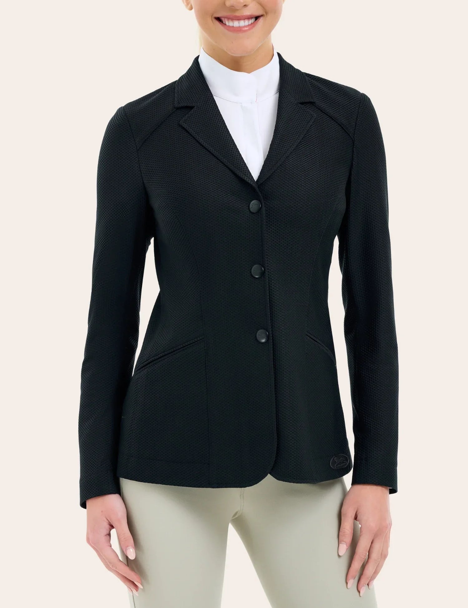 Front view of a female model wearing the black RJ Classic Addison Air Mesh Coat on a plain background