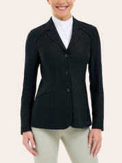 Front view of a female model wearing the black RJ Classic Addison Air Mesh Coat on a plain background
