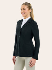 Angled front view of a female model wearing the black RJ Classic Addison Air Mesh Coat on a plain background