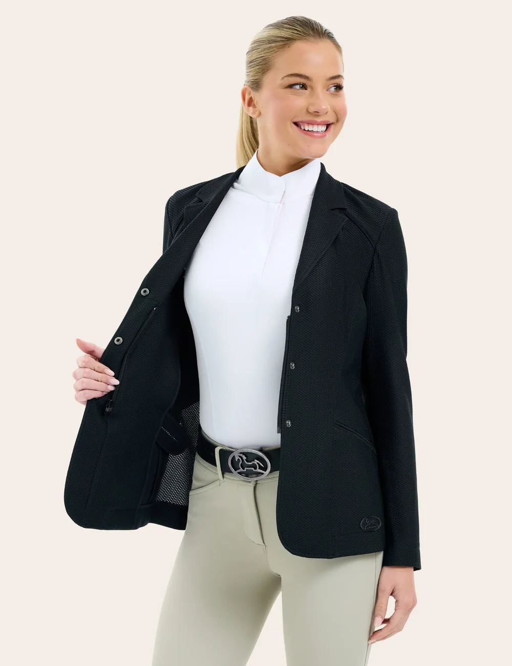 Front view of a female model wearing the black RJ Classic Addison Air Mesh Coat  and showing the mesh of the coat on a plain background