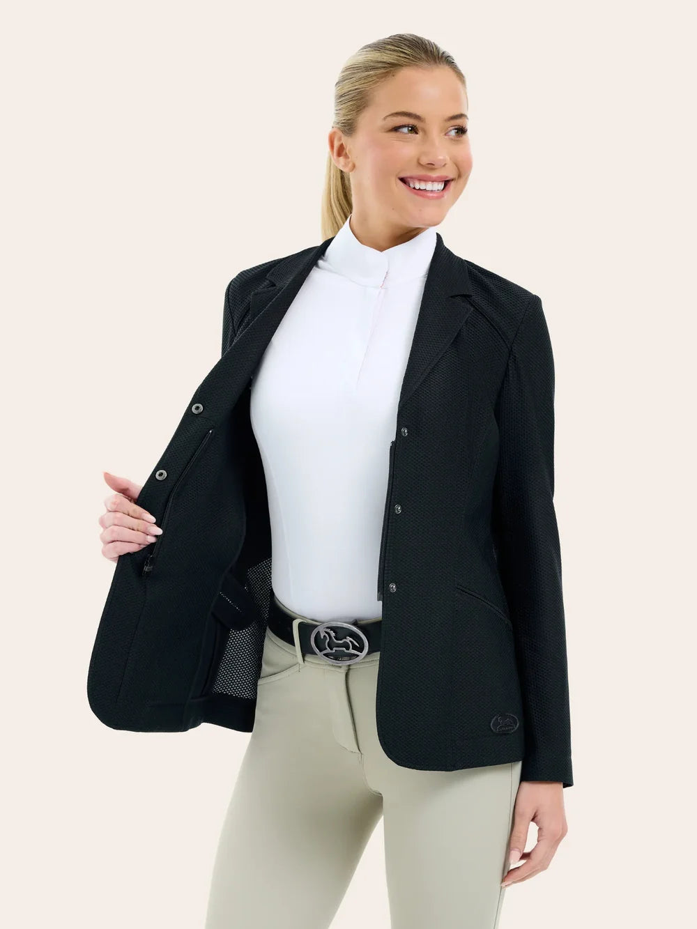 Front view of a female model wearing the black RJ Classic Addison Air Mesh Coat  and showing the mesh of the coat on a plain background