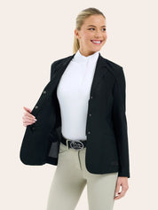 Front view of a female model wearing the black RJ Classic Addison Air Mesh Coat  and showing the mesh of the coat on a plain background