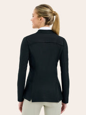 Back view of a female model wearing the black RJ Classic Addison Air Mesh Coat on a plain background