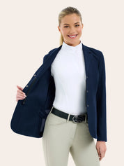 Front view of a female model wearing the navy RJ Classic Addison Air Mesh Coat and showing the mesh on a plain background