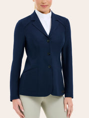 Angled front view of a female model wearing the navy RJ Classic Addison Air Mesh Coat on a plain background