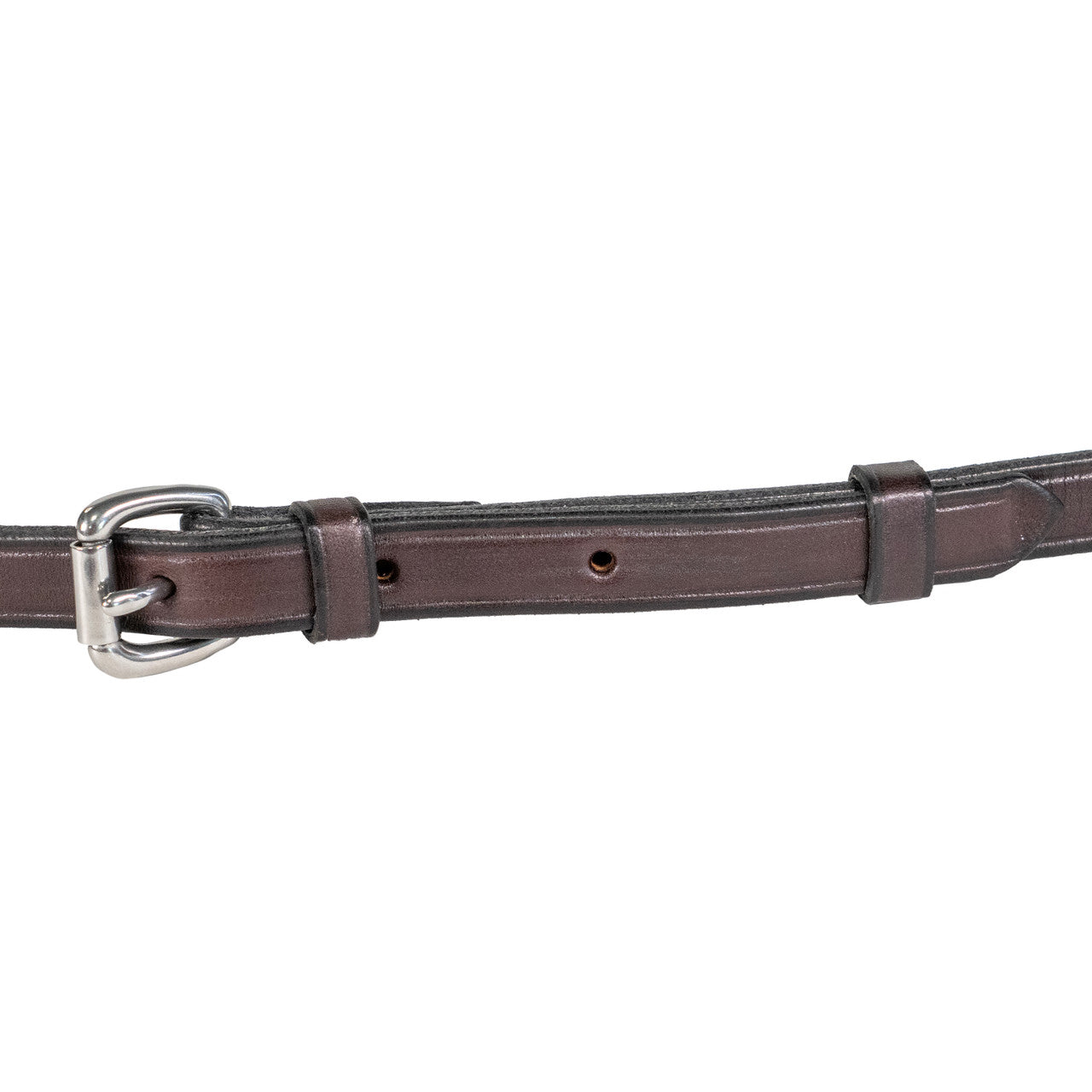 Close-up view of a havana stainless steel Nunn Finer Leather Neck Strap on a white background
