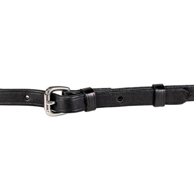 Close-up view of a black stainless steel Nunn Finer Leather Neck Strap on a white background