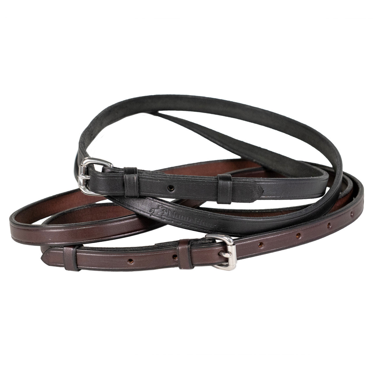 View of a black and a brown Nunn Finer Leather Neck Strap on a white background