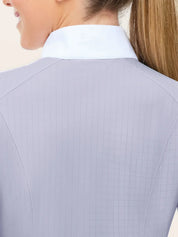 Close-up back view of a model wearing the purple RJ Classics Brooke Show Shirt on a plain background