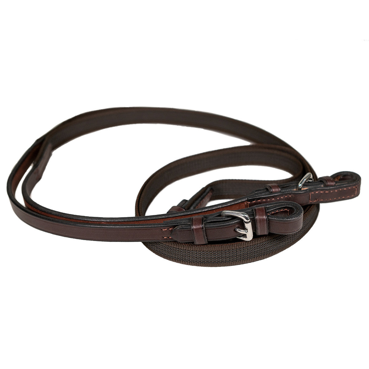 Full view of the havana Nunn Finer Sure Grip Reins on a white background