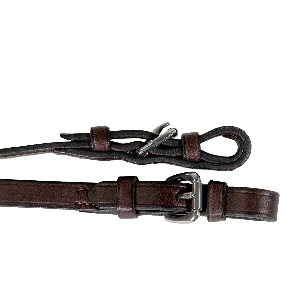 Close-up view of the buckle ends on the havana Nunn Finer Sure Grip Reins on a white background