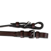 Close-up view of the buckle ends on the havana Nunn Finer Sure Grip Reins on a white background