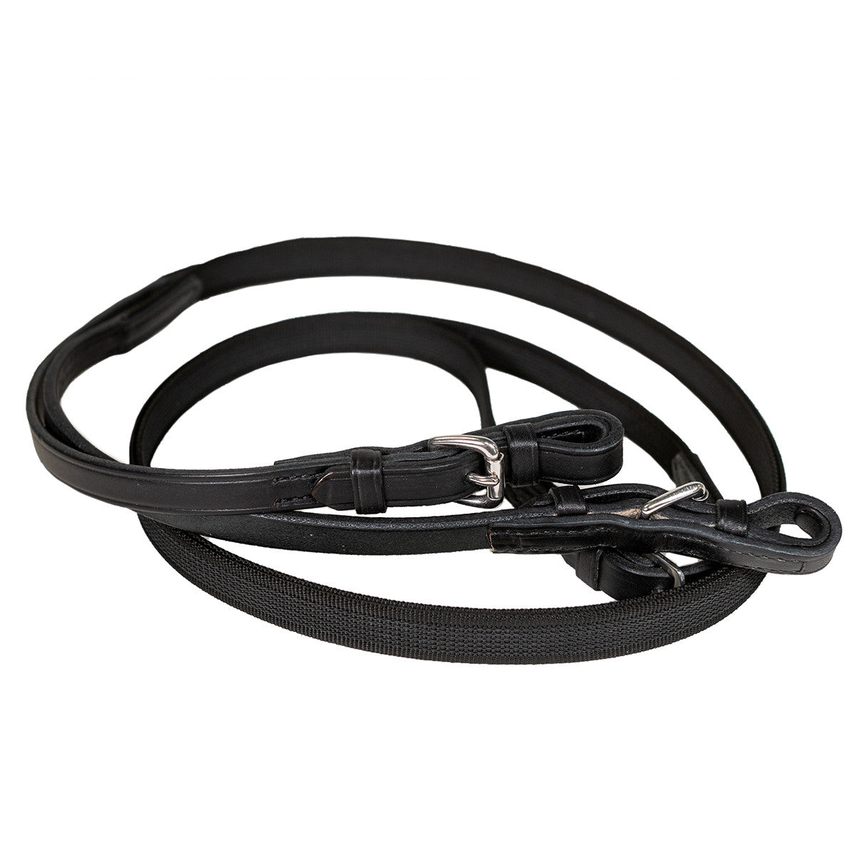 Full view of the black Nunn Finer Sure Grip Reins on a white background