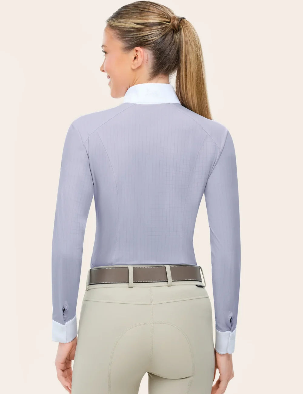 Back view of a model wearing the purple RJ Classics Brooke Show Shirt on a plain background
