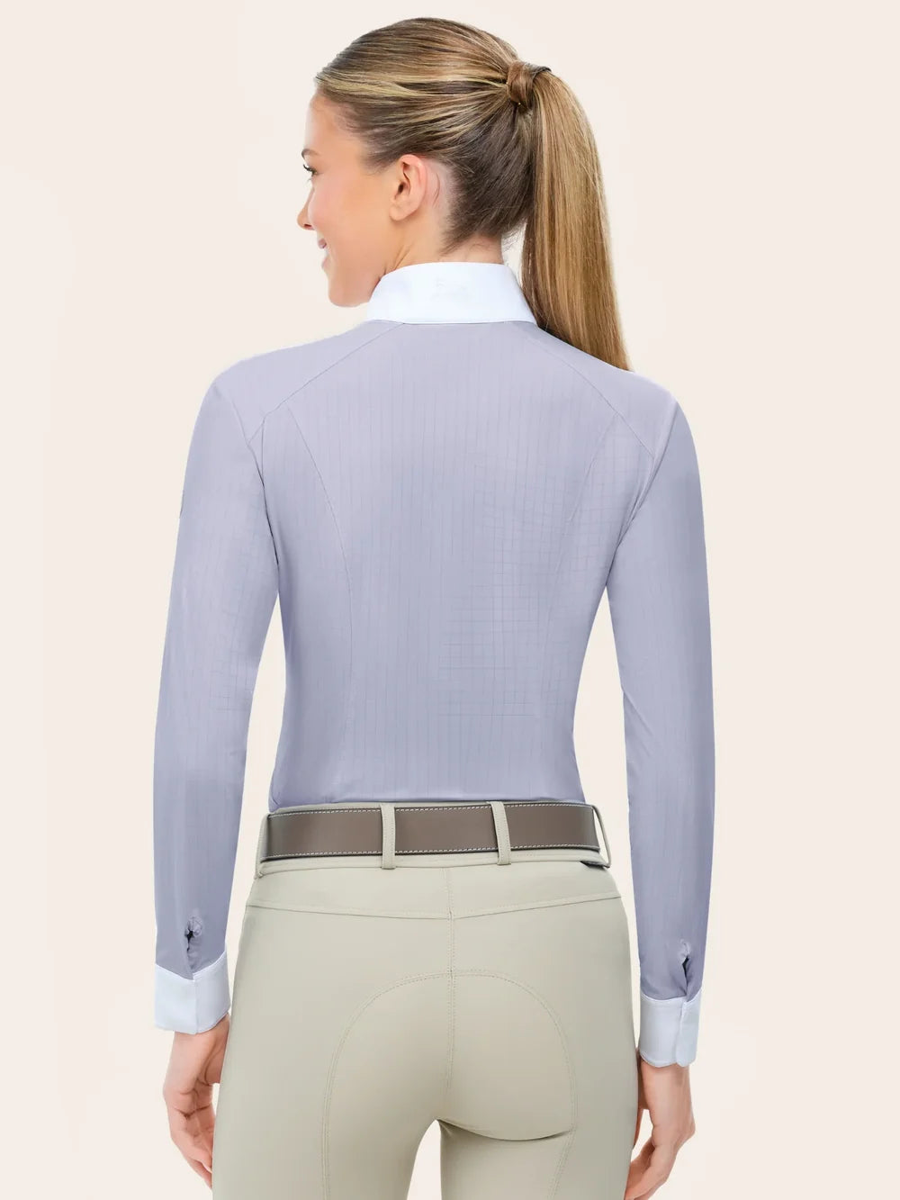 Back view of a model wearing the purple RJ Classics Brooke Show Shirt on a plain background