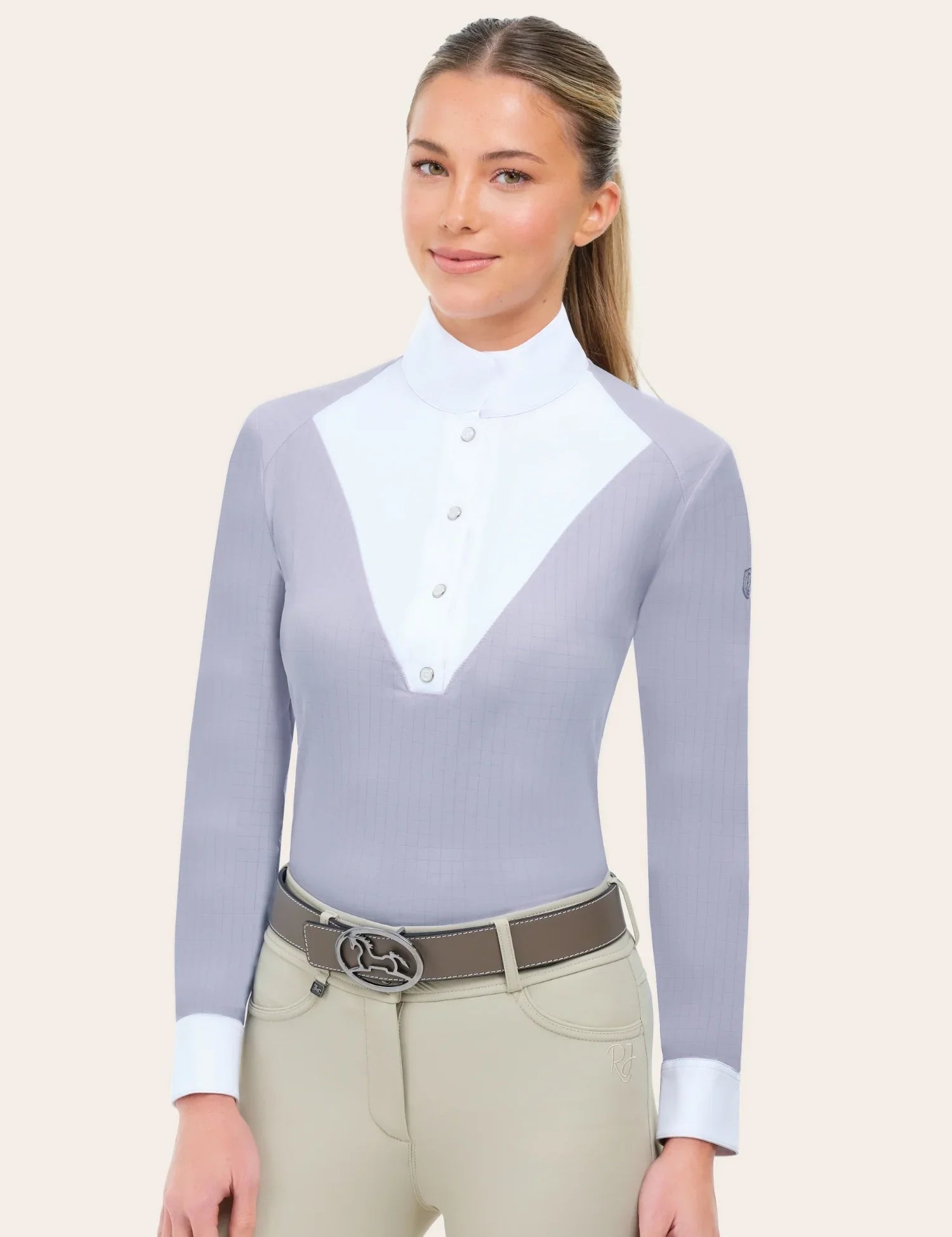 Front view of a model wearing the purple RJ Classics Brooke Show Shirt on a plain background