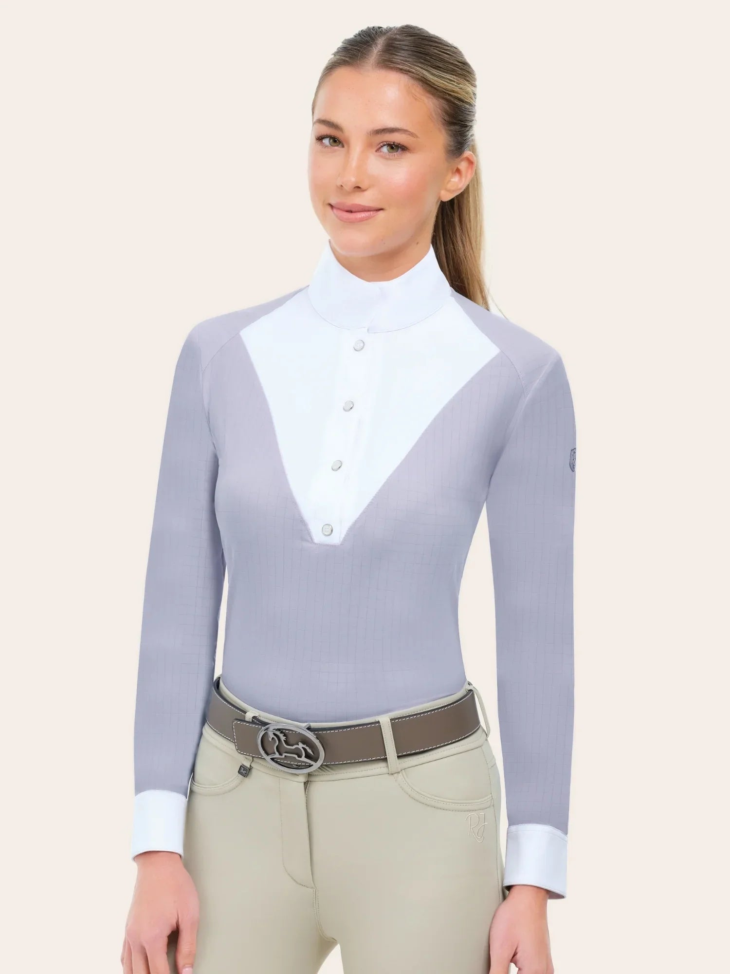 Front view of a model wearing the purple RJ Classics Brooke Show Shirt on a plain background