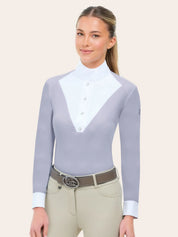 Front view of a model wearing the purple RJ Classics Brooke Show Shirt on a plain background