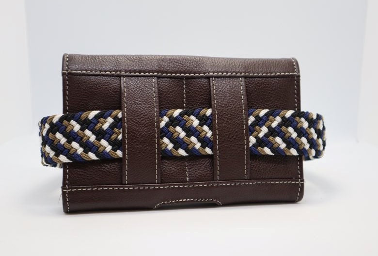 Back view of the brown KL Select Phone Pocket with a woven stretch belt through the loops on a plain background