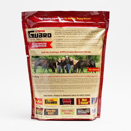 Back view of a 10lb bag of Horse Guard Vitamin E and Selenium on a plain background