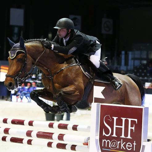 Rider jumping a horse over rails with Majyk Equipe Boyd Martin Stadium Tendon Jump Boots on the horse’s front legs