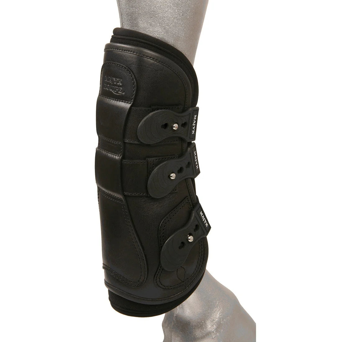 Majyk Equipe Boyd Martin leather tendon boot in black fitted on a display horse’s front leg