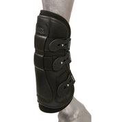 Majyk Equipe Boyd Martin leather tendon boot in black fitted on a display horse’s front leg