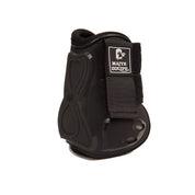 Angled back view of the black Majyk Equipe Infinity Open Front Hind Jump Boot on a white background