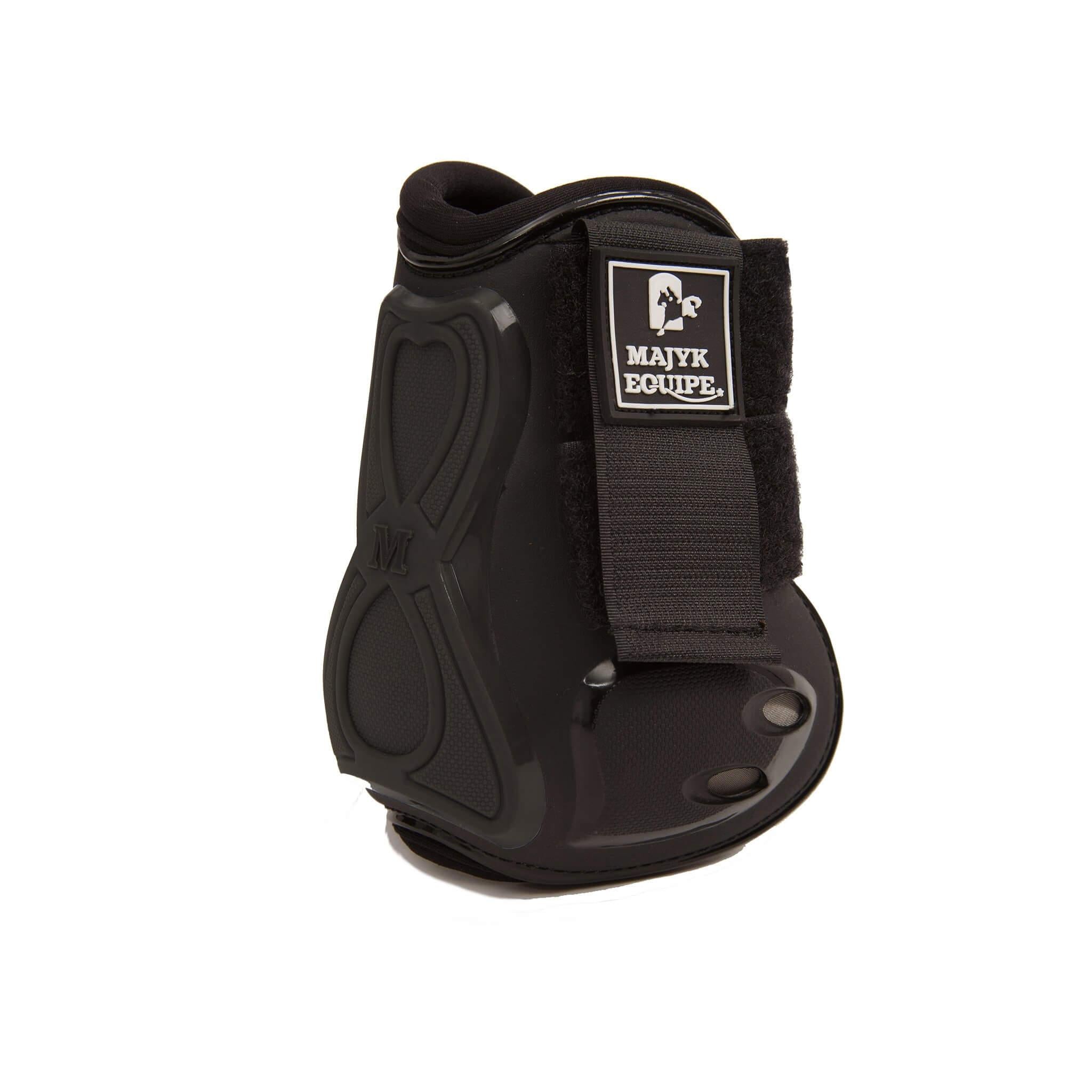 Angled back view of the black Majyk Equipe Infinity Open Front Hind Jump Boot on a white background