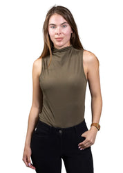 Front view of model wearing the Equisite Blaire Perforated Sleeveless Shirt in Agave