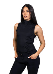 Fron view of model wearing the Equisite Blaire Perforated Sleeveless Shirt in Jet Black