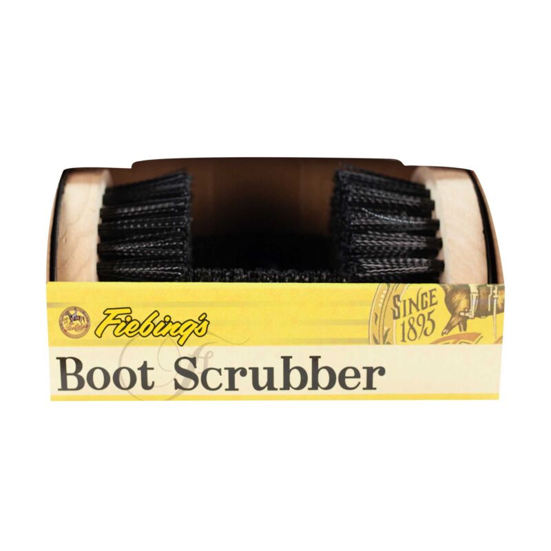 Front view of a the Fiebing's Boot Scrubber in its original box on a white background
