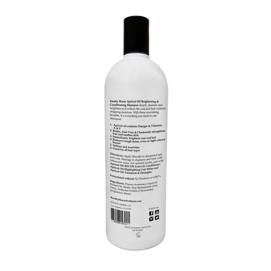 Back view of a 36 oz bottle of Knotty Horse Apricot Oil Brightening Shampoo on a white background