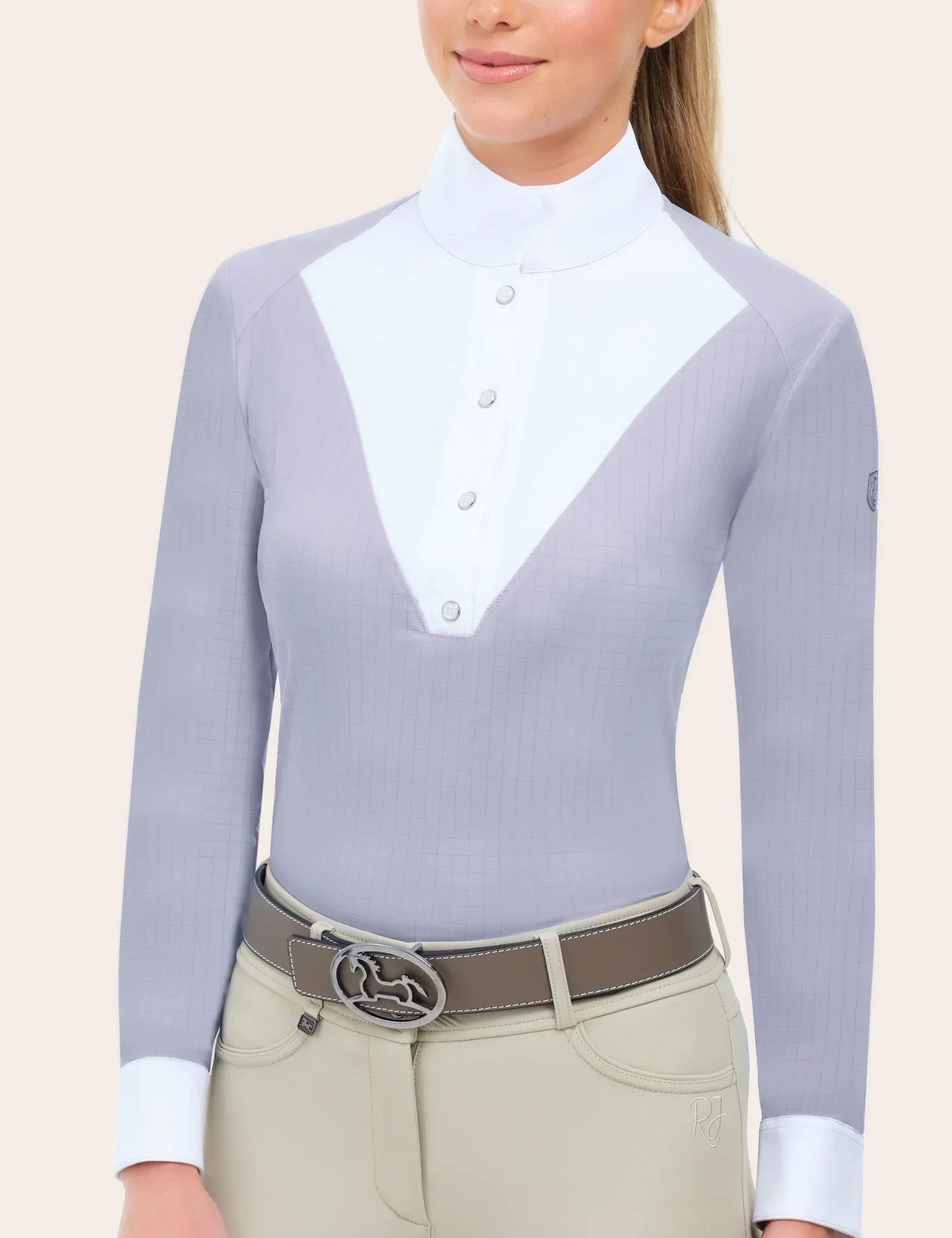 Front view of a model wearing the purple RJ Classics Brooke Show Shirt on a plain background