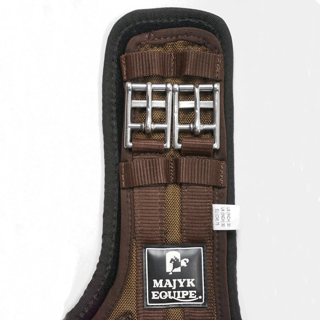 Close up view of the buckles and Majyk Equipe logo on the Majyk Equipe Ergonomics XC Elite Cross Country Girth in brown