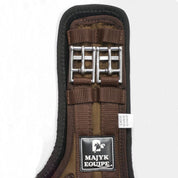 Close up view of the buckles and Majyk Equipe logo on the Majyk Equipe Ergonomics XC Elite Cross Country Girth in brown