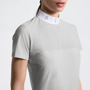 Close-up front view of a model wearing the gray Cavalleria Toscana Perforated Short Sleeve Competition Shirt on a plain background