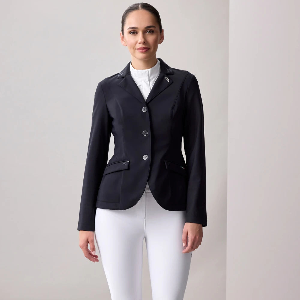 Front view of model wearing the Horseware AA Platinum MotionFlex Pro Crystal Jacket in black