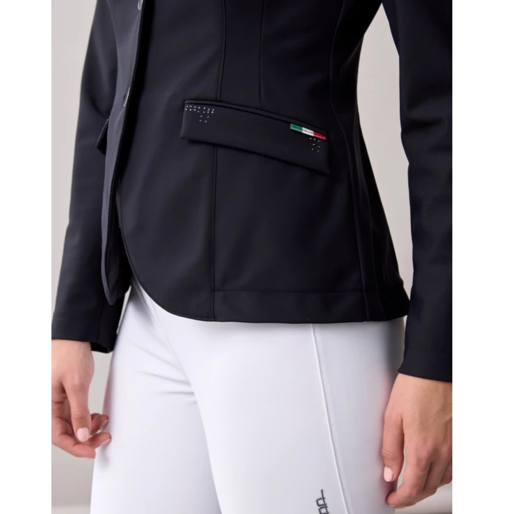 Close up, front angled view of the pocket and crystal detailing on the Horseware AA Platinum MotionFlex Pro Crystal Jacket in black