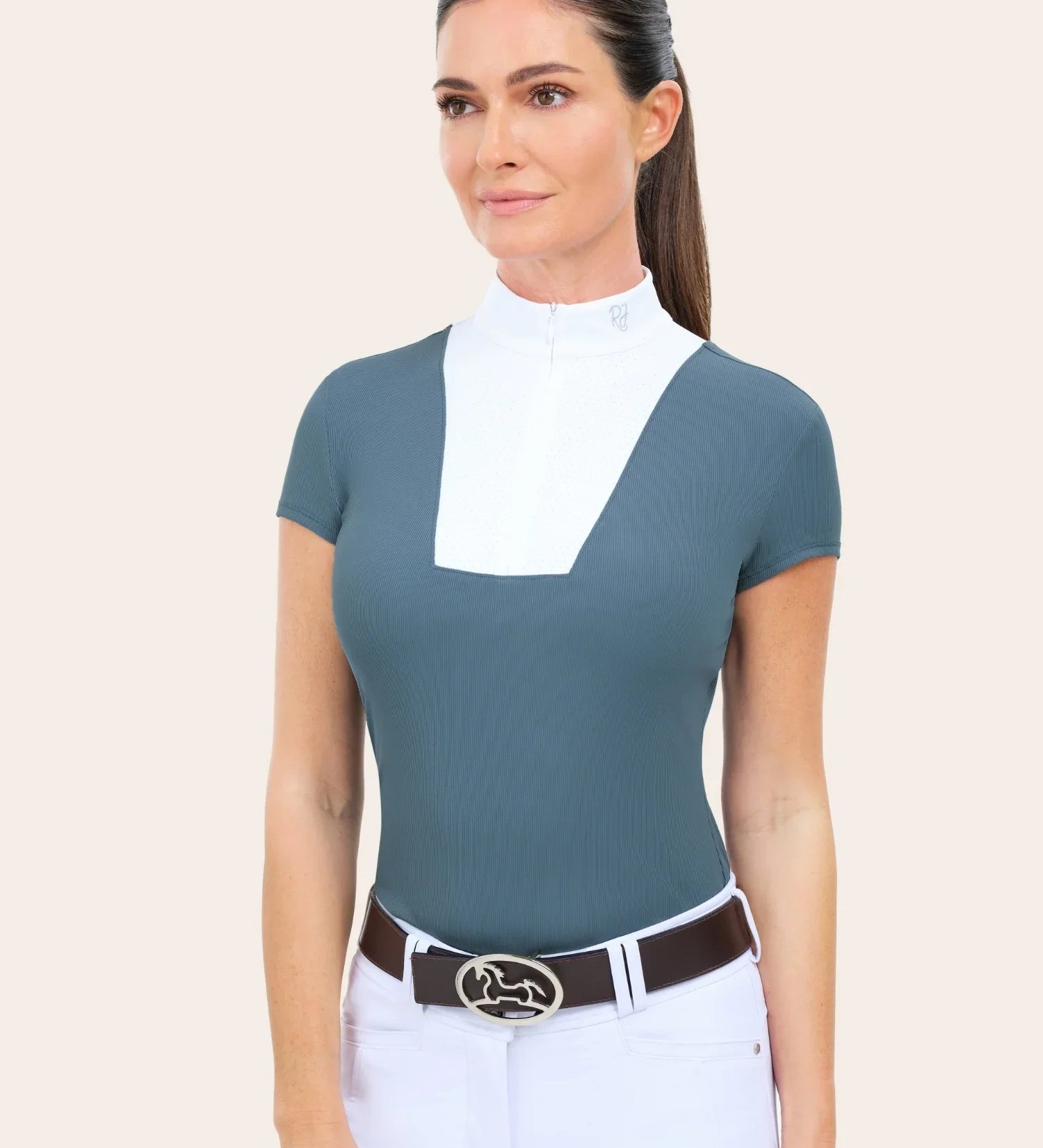 Woman wearing RJ Classics Celeste Show Shirt in Atlantic, front view