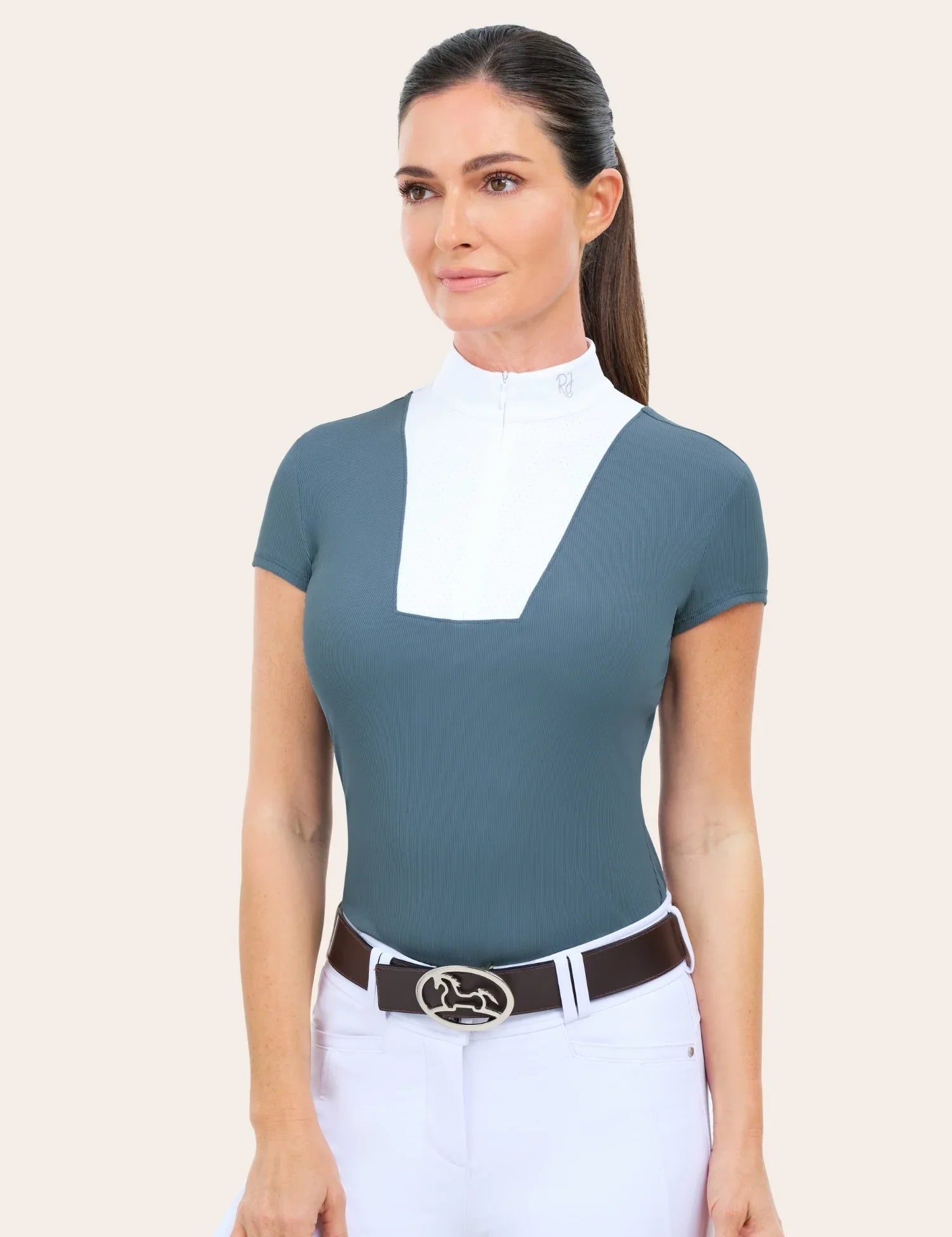 Woman wearing RJ Classics Celeste Show Shirt in Atlantic, front view