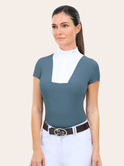 Woman wearing RJ Classics Celeste Show Shirt in Atlantic, front view